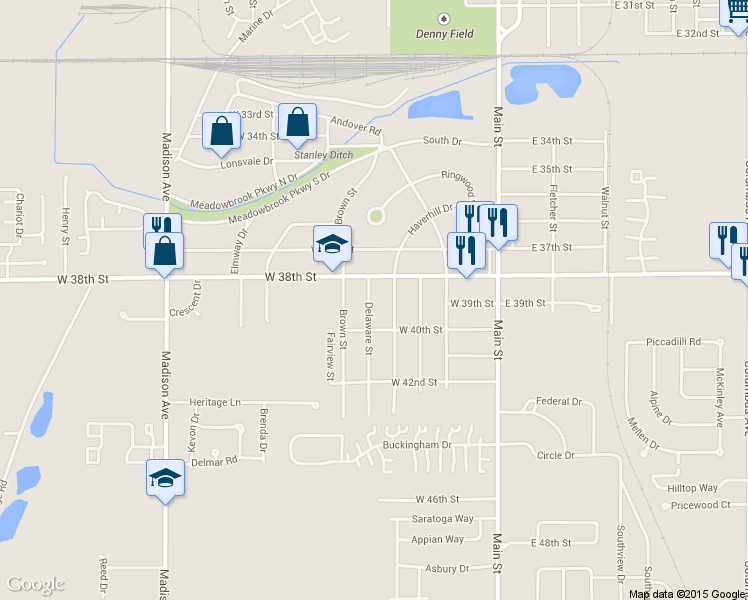 map of restaurants, bars, coffee shops, grocery stores, and more near 3826 Delaware St in Anderson