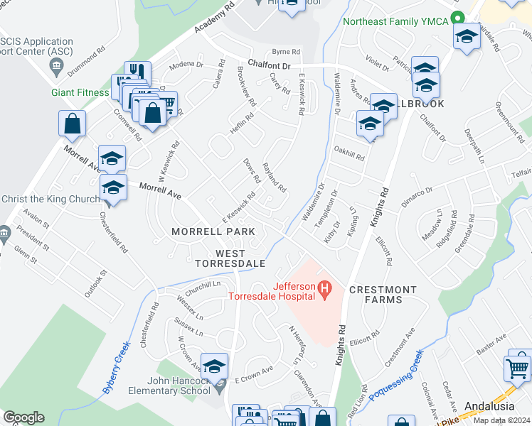 map of restaurants, bars, coffee shops, grocery stores, and more near 3632 Drumore Drive in Philadelphia