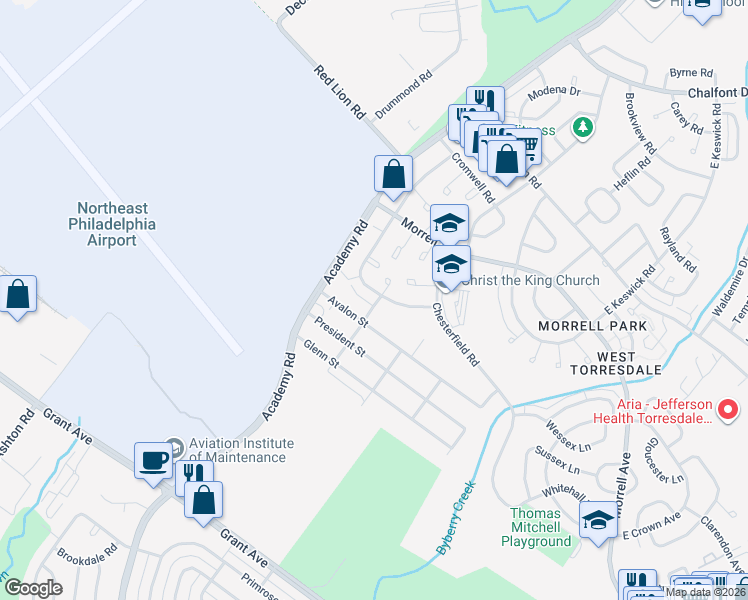 map of restaurants, bars, coffee shops, grocery stores, and more near 9940 S Canterbury Rd in Philadelphia