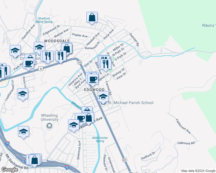 map of restaurants, bars, coffee shops, grocery stores, and more near 103 Carmel Road in Wheeling
