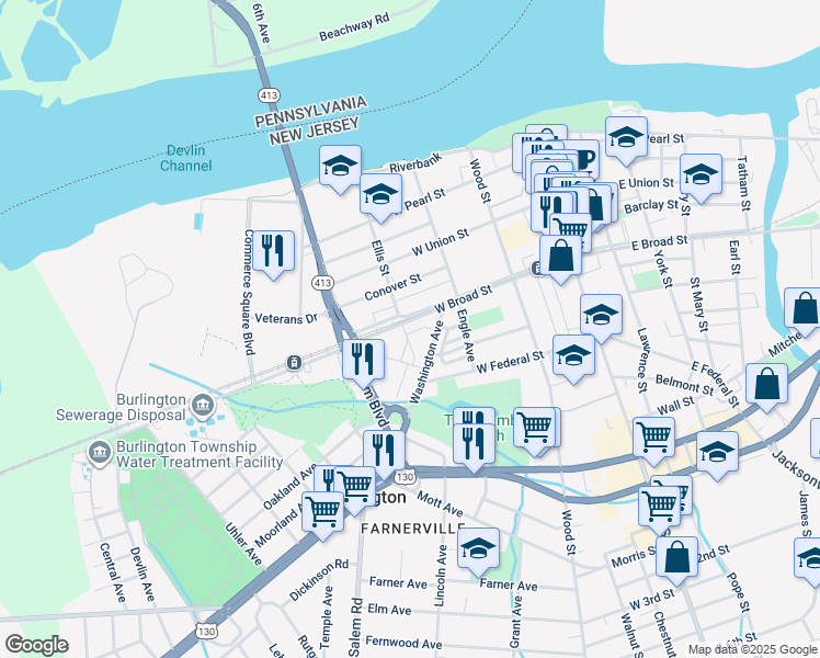 map of restaurants, bars, coffee shops, grocery stores, and more near 246 West Broad Street in Burlington