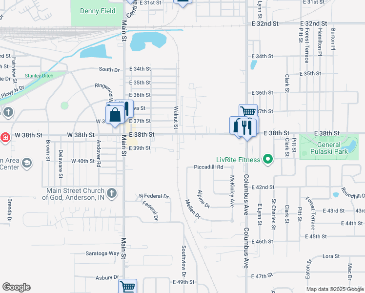 map of restaurants, bars, coffee shops, grocery stores, and more near 3820 Walnut Street in Anderson