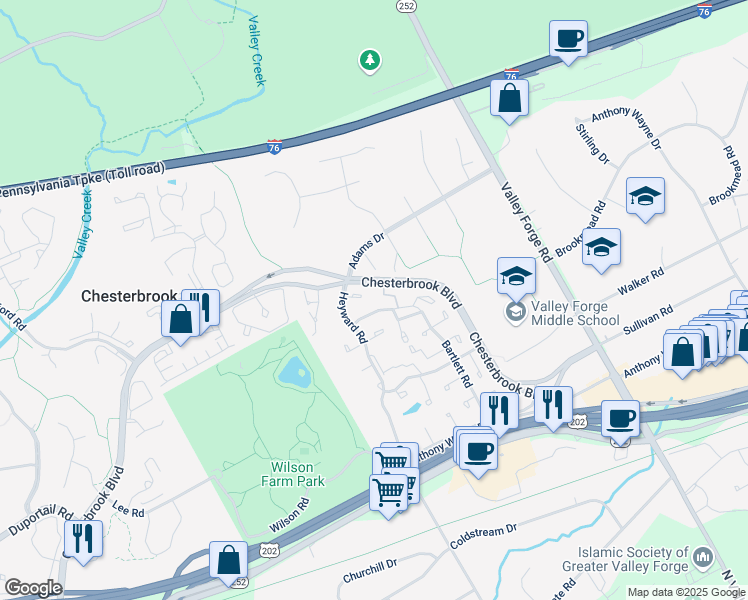 map of restaurants, bars, coffee shops, grocery stores, and more near 33 Stonehurst Court in Chesterbrook