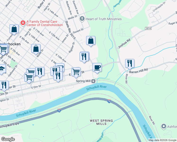 map of restaurants, bars, coffee shops, grocery stores, and more near 1151 East Hector Street in Conshohocken