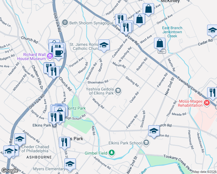 map of restaurants, bars, coffee shops, grocery stores, and more near 405 Upland Road in Elkins Park