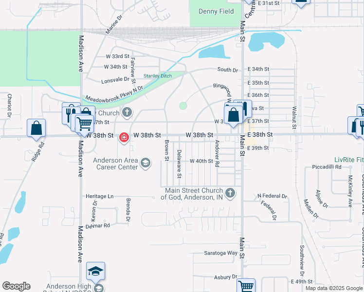 map of restaurants, bars, coffee shops, grocery stores, and more near 3826 Delaware Street in Anderson