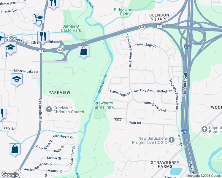 map of restaurants, bars, coffee shops, grocery stores, and more near 3704 Harborough Drive in Columbus