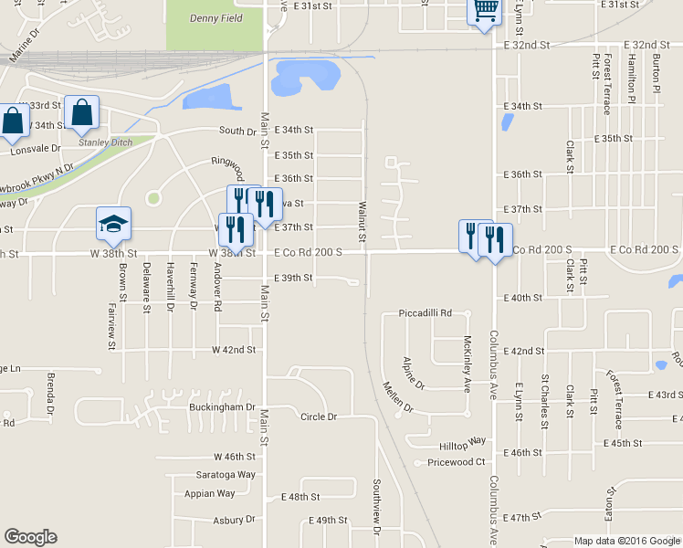 map of restaurants, bars, coffee shops, grocery stores, and more near 402 E 39th St in Anderson