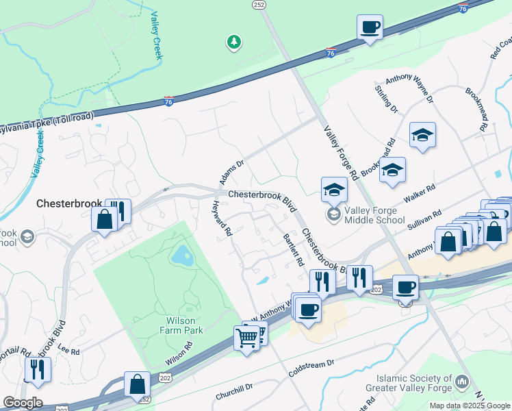 map of restaurants, bars, coffee shops, grocery stores, and more near 46 Stonehurst Court in Chesterbrook