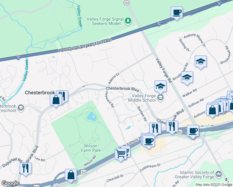 map of restaurants, bars, coffee shops, grocery stores, and more near 33 Stonehurst Court in Chesterbrook
