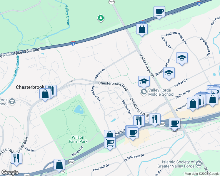map of restaurants, bars, coffee shops, grocery stores, and more near 46 Stonehurst Court in Chesterbrook