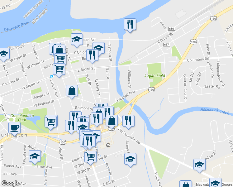 map of restaurants, bars, coffee shops, grocery stores, and more near 417 Mitchell Avenue in Burlington