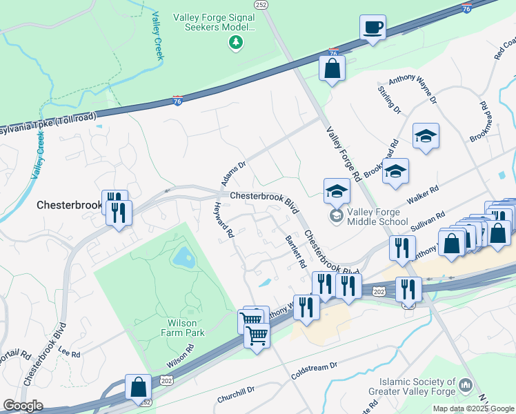 map of restaurants, bars, coffee shops, grocery stores, and more near 1 Windsor Circle in Chesterbrook