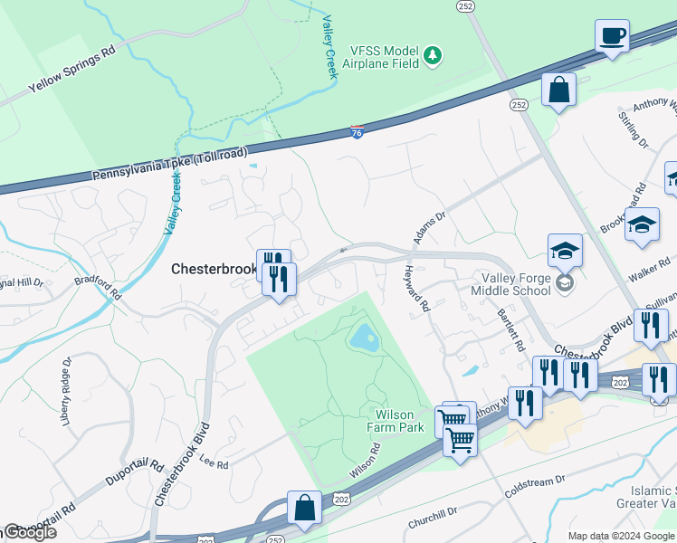 map of restaurants, bars, coffee shops, grocery stores, and more near 75 Cabot Drive in Chesterbrook