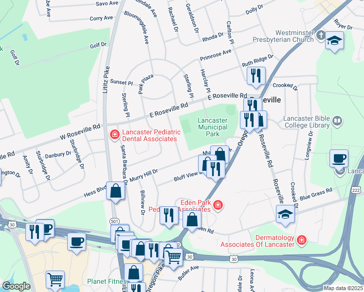 map of restaurants, bars, coffee shops, grocery stores, and more near 1817 Anne Ave in Lancaster