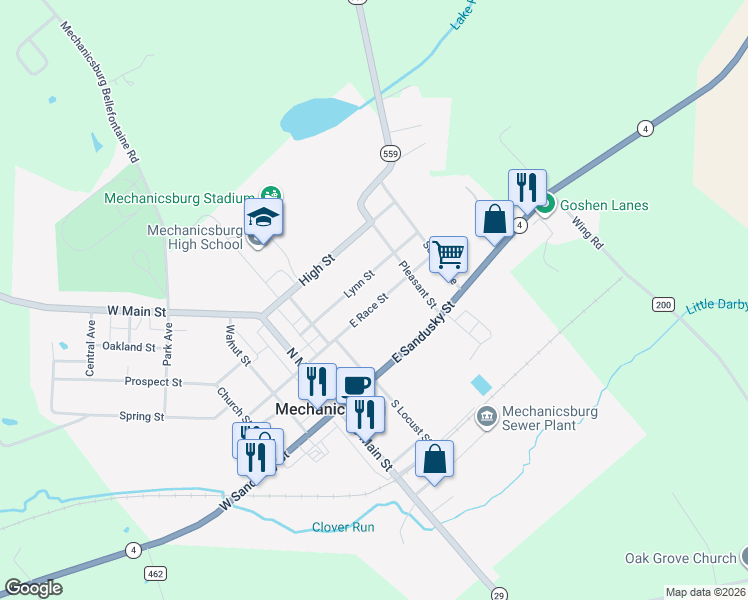 map of restaurants, bars, coffee shops, grocery stores, and more near 160 East Race Street in Mechanicsburg