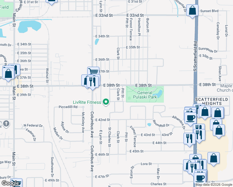 map of restaurants, bars, coffee shops, grocery stores, and more near 3905 Clark Street in Anderson