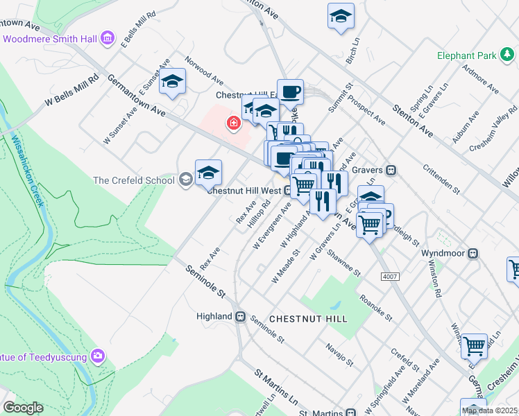 map of restaurants, bars, coffee shops, grocery stores, and more near 109 Hilltop Rd in Philadelphia