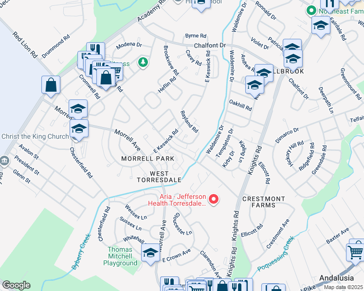 map of restaurants, bars, coffee shops, grocery stores, and more near 3628 Drumore Drive in Philadelphia