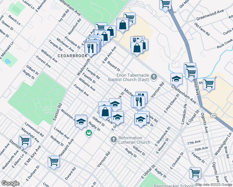 map of restaurants, bars, coffee shops, grocery stores, and more near 8118 Temple Road in Philadelphia