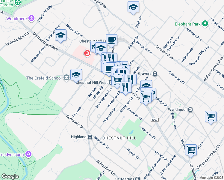 map of restaurants, bars, coffee shops, grocery stores, and more near 34 West Evergreen Avenue in Philadelphia