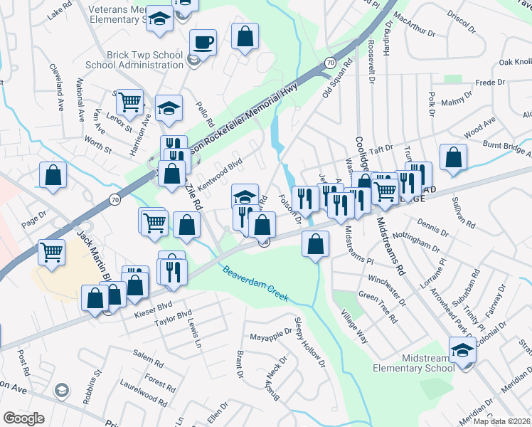 map of restaurants, bars, coffee shops, grocery stores, and more near 225 Old Squan Road in Brick Township