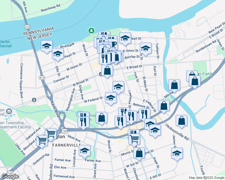 map of restaurants, bars, coffee shops, grocery stores, and more near 454 High Street in Burlington
