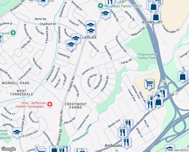 map of restaurants, bars, coffee shops, grocery stores, and more near 144 Meadow Lane in Philadelphia
