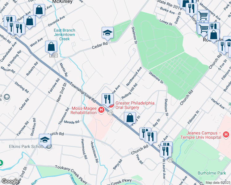 map of restaurants, bars, coffee shops, grocery stores, and more near 421 Mayfield Avenue in Elkins Park