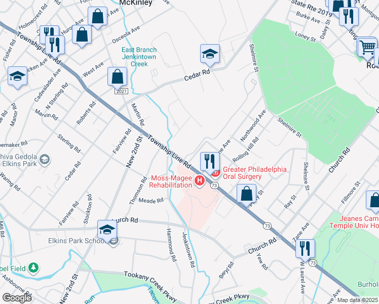 map of restaurants, bars, coffee shops, grocery stores, and more near 1813 Valley Glen Road in Elkins Park