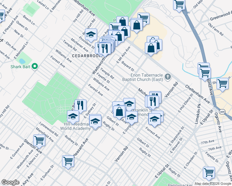 map of restaurants, bars, coffee shops, grocery stores, and more near 8212 Williams Avenue in Philadelphia