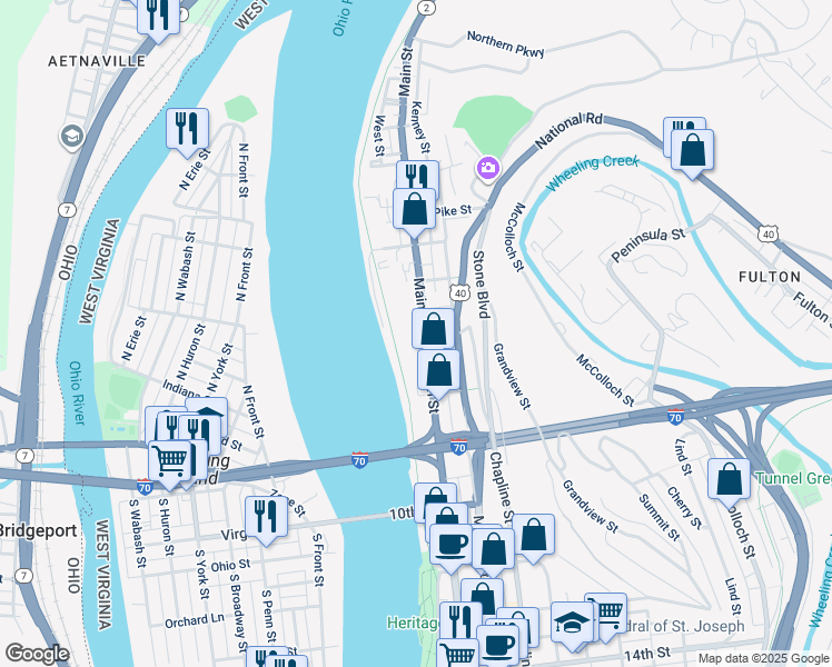 map of restaurants, bars, coffee shops, grocery stores, and more near 8 5th Street in Wheeling