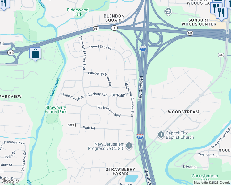 map of restaurants, bars, coffee shops, grocery stores, and more near 4014 Daffodil Drive in Columbus