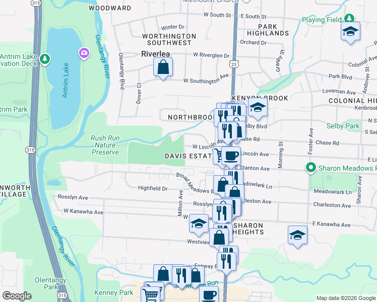 map of restaurants, bars, coffee shops, grocery stores, and more near 115 West Lincoln Avenue in Worthington