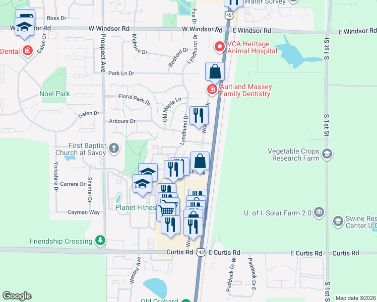 map of restaurants, bars, coffee shops, grocery stores, and more near 100 Burwash Avenue in Savoy