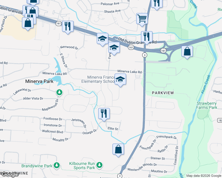 map of restaurants, bars, coffee shops, grocery stores, and more near 4938 Farview Road in Columbus