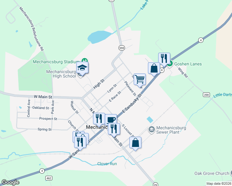 map of restaurants, bars, coffee shops, grocery stores, and more near 160 East Race Street in Mechanicsburg