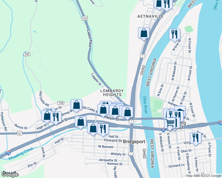 map of restaurants, bars, coffee shops, grocery stores, and more near 250 Cadiz Pike in Bridgeport