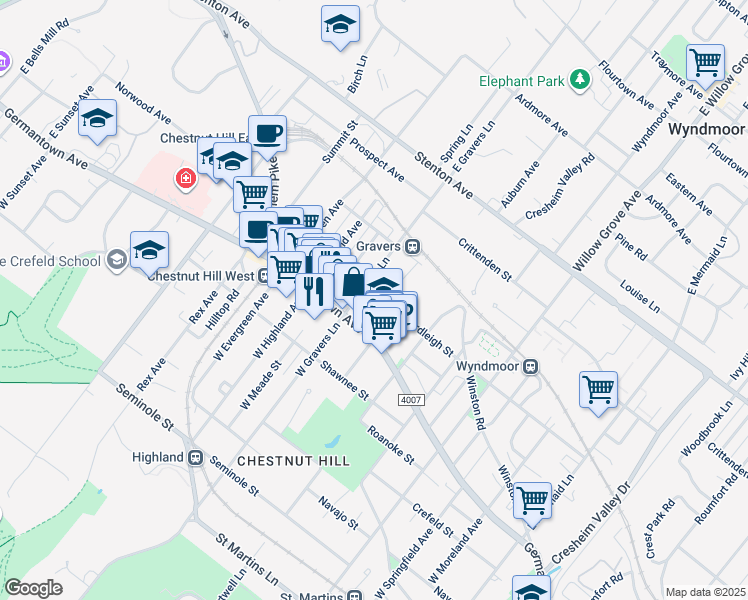 map of restaurants, bars, coffee shops, grocery stores, and more near 8322 Ardleigh St in Philadelphia