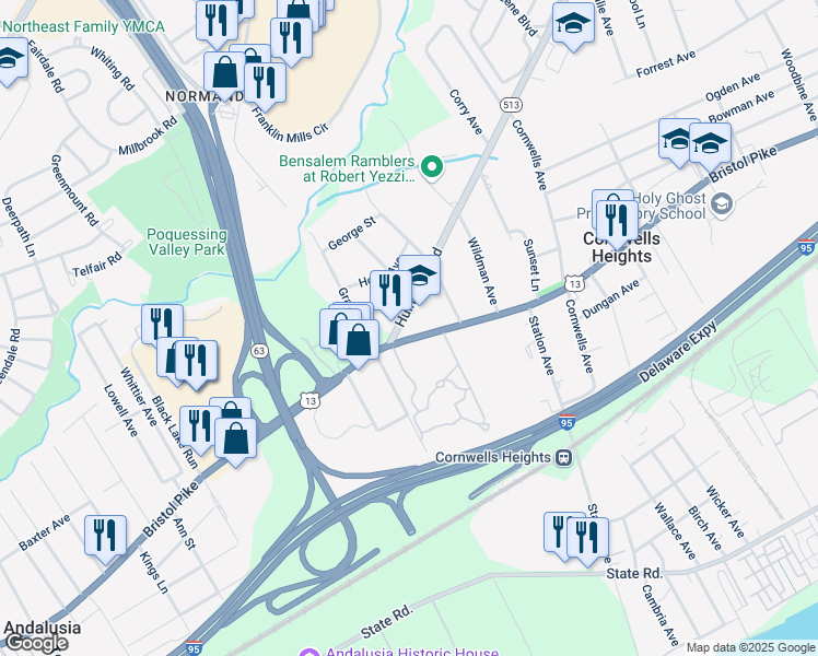 map of restaurants, bars, coffee shops, grocery stores, and more near 1698 Bristol Pike in Bensalem