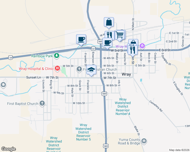 map of restaurants, bars, coffee shops, grocery stores, and more near 521 West 7th Street in Wray