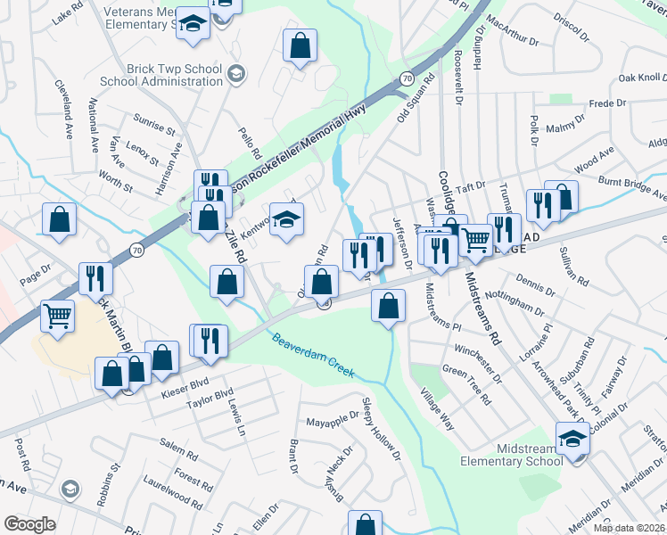 map of restaurants, bars, coffee shops, grocery stores, and more near 225 Old Squan Road in Brick Township
