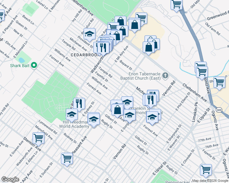 map of restaurants, bars, coffee shops, grocery stores, and more near 8212 Williams Avenue in Philadelphia