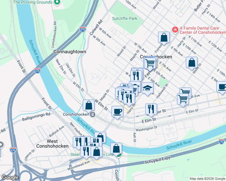 map of restaurants, bars, coffee shops, grocery stores, and more near 137 West 2nd Avenue in Conshohocken