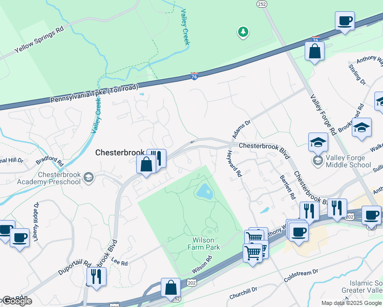map of restaurants, bars, coffee shops, grocery stores, and more near 73 Cabot Drive in Chesterbrook