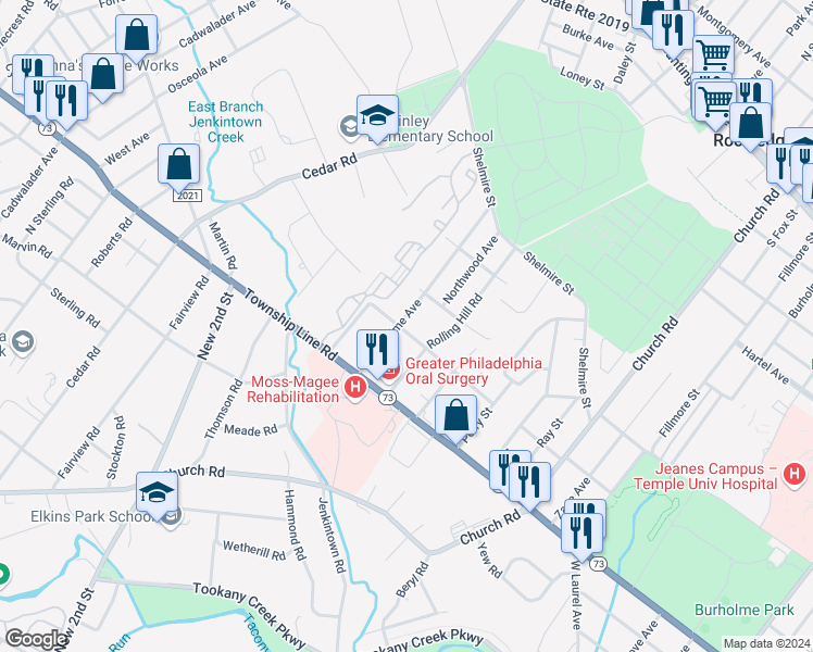 map of restaurants, bars, coffee shops, grocery stores, and more near 421 Mayfield Avenue in Elkins Park