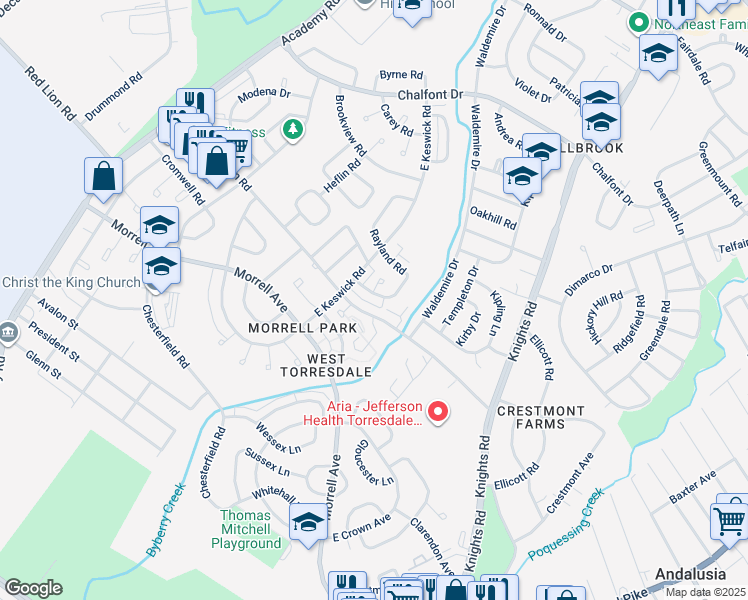 map of restaurants, bars, coffee shops, grocery stores, and more near 3628 Drumore Drive in Philadelphia