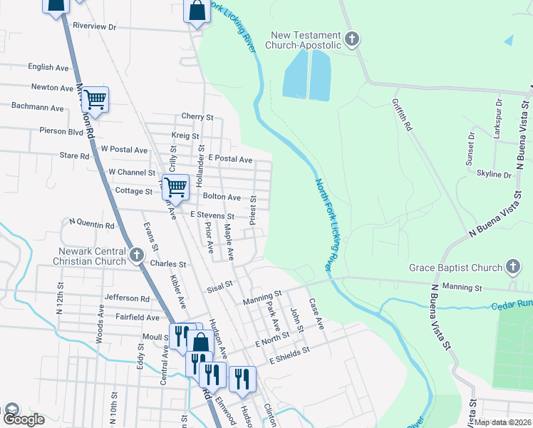 map of restaurants, bars, coffee shops, grocery stores, and more near 132 E Stevens St in Newark