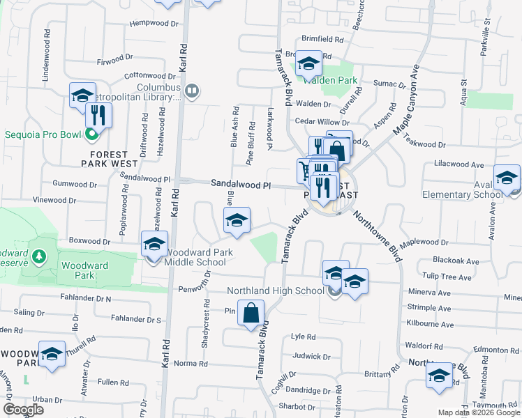 map of restaurants, bars, coffee shops, grocery stores, and more near 5283 Butternut Court East in Columbus