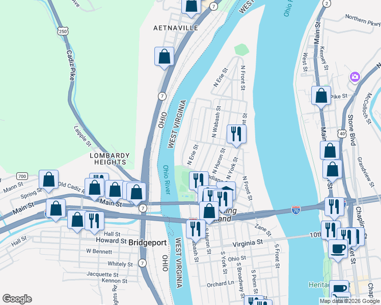 map of restaurants, bars, coffee shops, grocery stores, and more near 302 North Erie Street in Wheeling